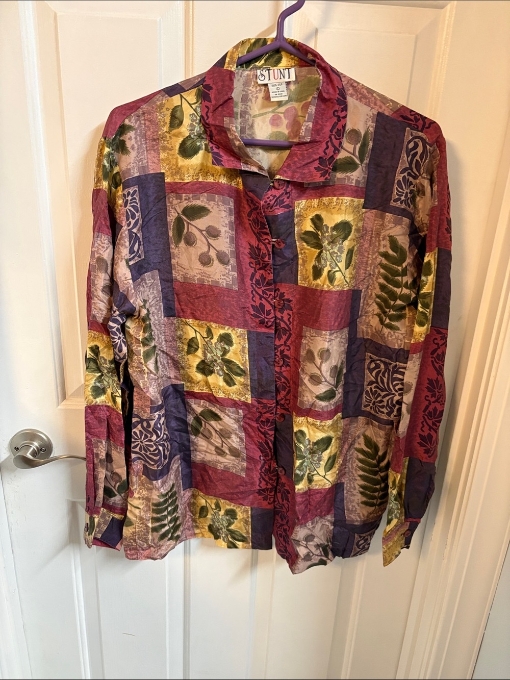 Stunt Printed Button-Up Shirt in Burgundy, Purple & Gold silk 100 sz L
